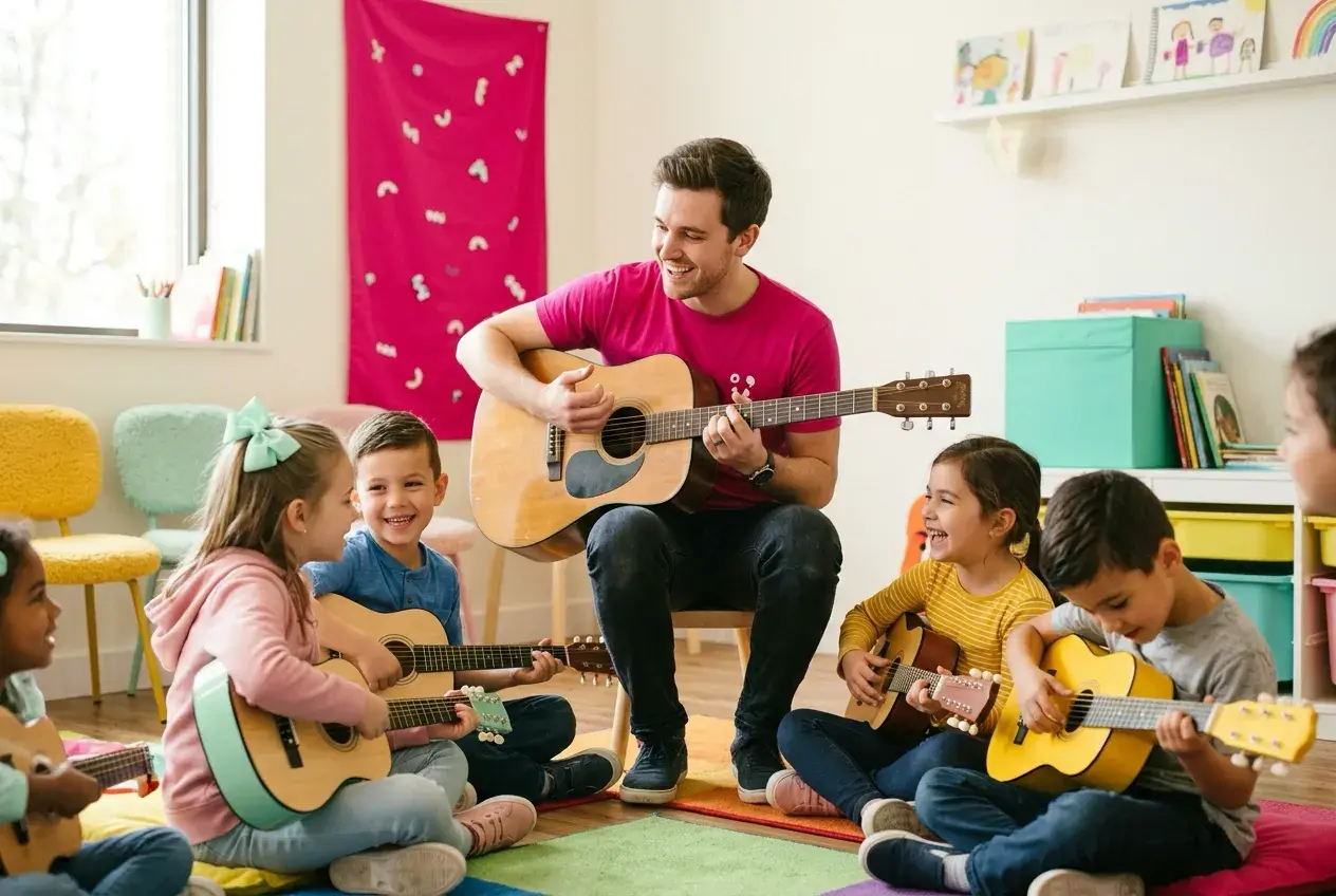Gitarrenlehrer bringt Grundschulkindern mit Begeisterung das Gitarrespielen bei